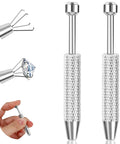 2 Pack Piercing Ball Grabber Tool For Changing Jewelry, Stainless Steel Flat Back Earring Applicator With Internally Threaded Push Pin Grip shown with 4 claw gem ball grabber detail.