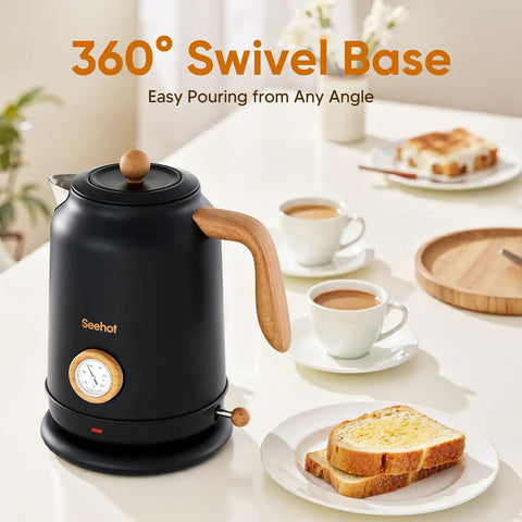 Heavy Duty 1.7L Electric Kettle With Thermometer, 1200W Fast Boil, 304 Stainless Steel, Auto Shut Off, Black, on breakfast table