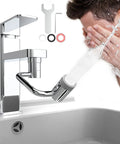 1080 Degree Swivel Faucet Extender With Robotic Arm Aerator installed on a sink, showing water spraying for easy face wash