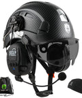 Heavy Duty Vented Hard Hat With Bluetooth Earmuffs And Drop Front Visor For Crews Ansi Z89 1 Certified with clear visor and ear protection.