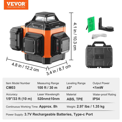 100ft Green Self Leveling Laser Level With 3 X 360 Degree Cross Lines including accessories and carrying case