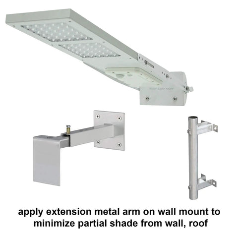 Solar Street Light With Motion Sensor Three Mode Outdoor Lighting with wall mount and pole extension for barns and parking lots.