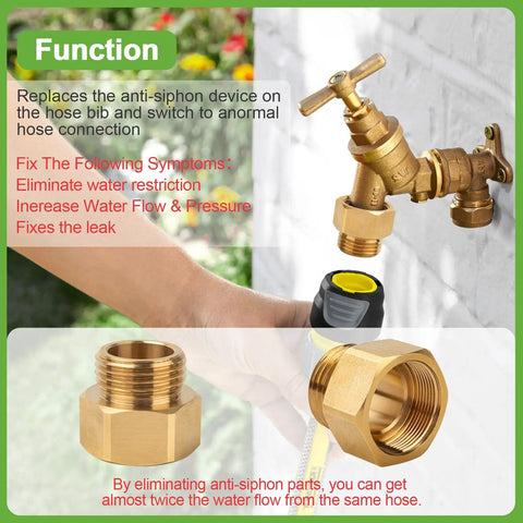 Installation view of 1-1/16 Inch Fine Thread Female To Three Quarter GHT Male Backflow Preventer Adapter for hose bib, brass construction