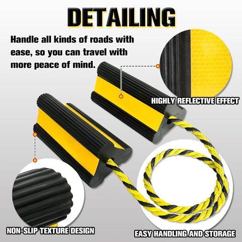 Heavy Duty Wheel Chocks With Extra Long Safety Rope 86 Inch Rope Reflective Rubber Blocks close-up detailing