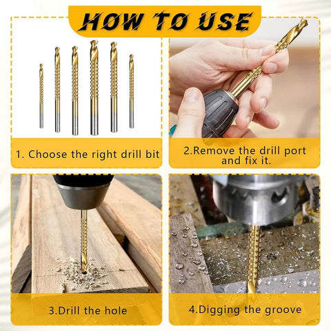 How to use Six Piece HSS Twist Drill Bit Set Titanium Coated Workhorse For Woodworking And Sheet Metal Drilling steps with drill bits.