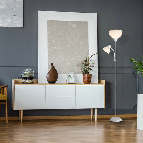 Living room with 72 Inch Torchiere Floor Lamp With Adjustable Reading Arm Frosted Shades Matte Black Frame Dope Modern Look
