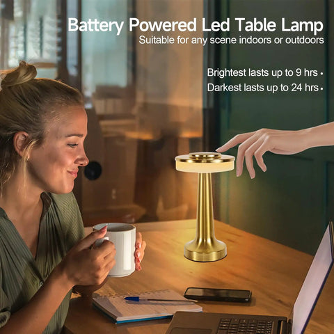 Cordless Desk Lamp With USB Charging on table, woman holding cup, cozy indoor setting
