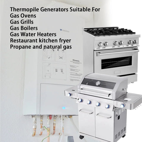 Front view of Robertshaw 36-inch thermopile generator, 250–750 mV, 2-lead with PG9 adapter; stainless gas range and grill.