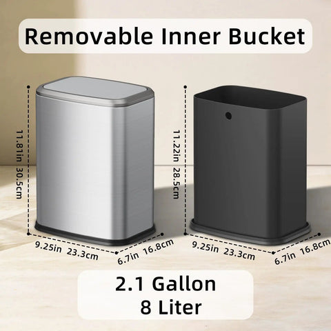 Slim Swing-Top Rectangular Trash Can 8L Stainless Steel with removable inner bucket next to black bin on a light surface.