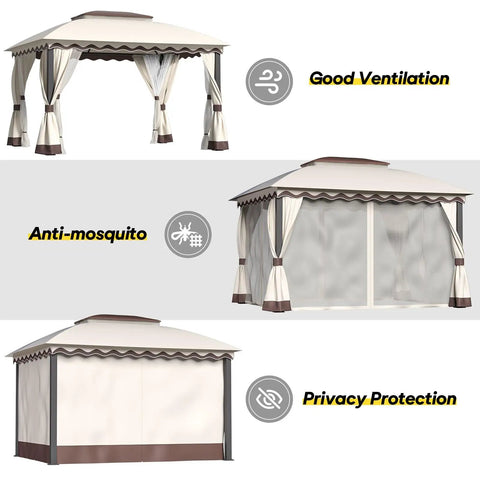 Outdoor Patio Gazebo 10 By 13 Heavy Duty Steel Frame With Mosquito Netting And Double Roof Canopy Tent Shelter