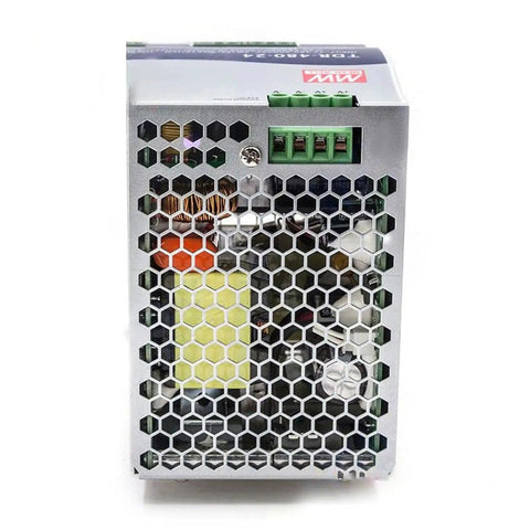 24V 20A 480W Three Phase DIN Rail Power Supply With 340 550 VAC Wide Input Ultra Slim 85mm Plug And Play Installation UL508 Certified Active PFC 93 Percent Efficiency Ideal For Industrial Automation And Semiconductor Fabrication. silver metal unit with hex grille