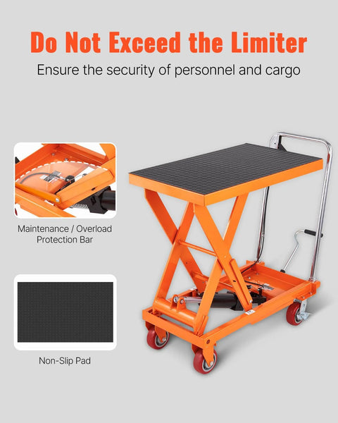 Orange VEVOR hydraulic lift table cart, 1100 lb capacity, 11–35.4 in lift, non-slip pad, four wheels.