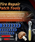 Beefed Up Tire Patch Kit With 53 Pieces Including 32mm 42mm 58mm Patches 42mm Tungsten Steel Buffing Wheel displayed with tools