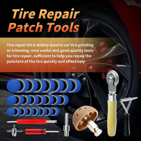 Beefed Up Tire Patch Kit With 53 Pieces Including 32mm 42mm 58mm Patches 42mm Tungsten Steel Buffing Wheel displayed with tools