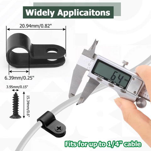 100 Pack 1/4 Inch R Type Cable Clamps Nylon P Type Wire Clips with Screws Included, measuring image and clip details