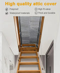 Stairway Insulation Cover for Attic Doors shown on a pull-down ladder with foil bubble barrier, fits 25x54x11 inch, fireproof, waterproof.