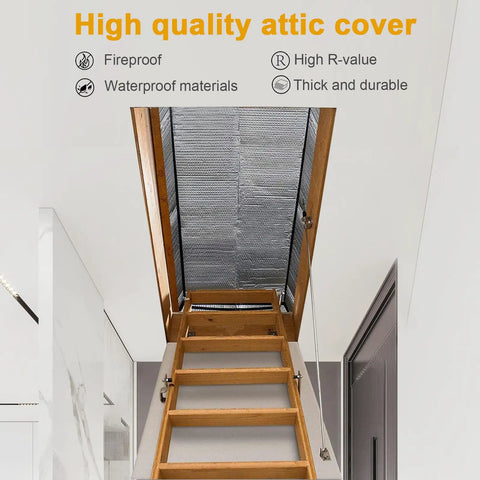 Stairway Insulation Cover for Attic Doors shown on a pull-down ladder with foil bubble barrier, fits 25x54x11 inch, fireproof, waterproof.