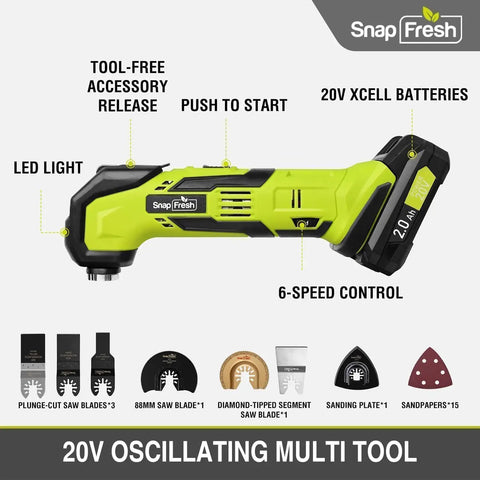 Cordless Oscillating Multi Tool Kit 20V With 6 Speeds Quick Lock Attachments 24 Accessories Battery And Fast Charger Included Ideal For Cutting Sanding Scraping 3.2 Degree Oscillation For Faster DIY Jobs