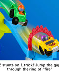 Hot Wheels Spiral Stunt Speedway Race Track Playset With Two Cars For Toddlers 18 Months And Up, cars jumping ring of fire