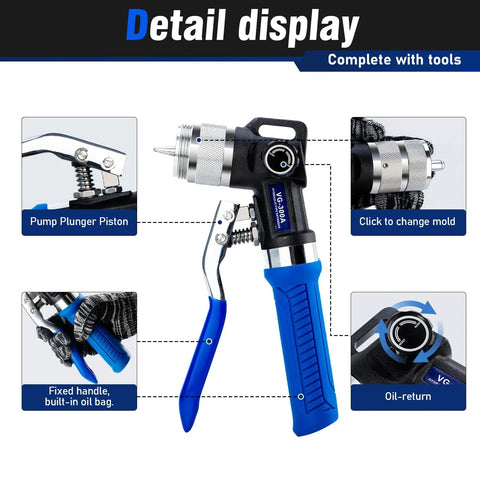 Detail display of Pro Grade Copper Tube Expander Hydraulic Swaging and Expanding Tool Kit with interchangeable heads and pump plunger piston.