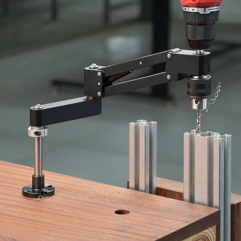 Tapping Cantilever Bracket With CNC Aluminum Alloy Robotic Arm 130mm Stroke shown in use on metal piece, adjustable rod visible