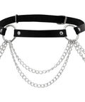 Badass Black Pu Leather Waist Chain Belt Featuring Heavy Duty Hardware And Distressed Details For Emo Punk Goth Grunge Fashion Daily Wear Halloween Cosplay To Fully Slay Your Game, detailed view with chains.