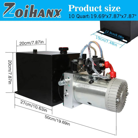 12V Hydraulic Power Unit With 10 Quart Reservoir Double Acting Pump For Dump Trailers And DIY Hydraulic Systems High Pressure 3200 PSI Electric Hydraulic Pump Built Tough For Lifting Heavy Machinery, dimensions annotated