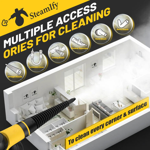Cutaway view of a house with accessories for Powerful Handheld Steam Cleaner With 1050W Quick Heat In 3 To 5 Minutes shown above.