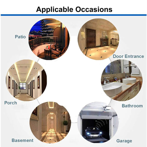Two Pack Motion Activated Light Socket Adapters For E26 And E27 Bulbs Auto On Off Dusk To Dawn Sensor Indoor Use For Porch Garage Basement Hallways Closets Laundry Rooms shown in patio, door entrance, bathroom and garage scenes