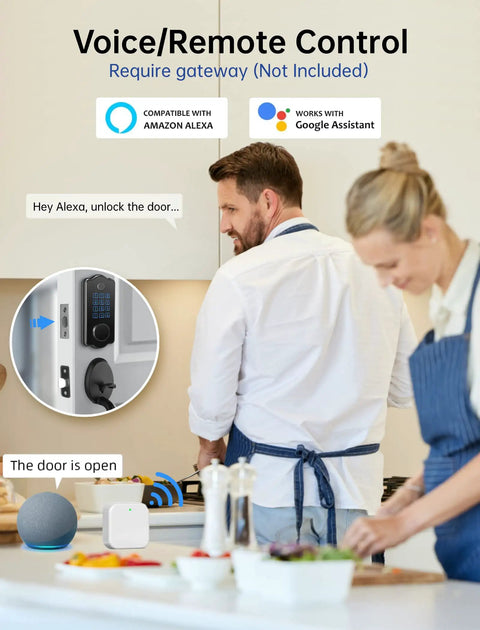 Man using app controlled keyless front door lock set with handle, showing smart deadbolt compatible with voice assistants