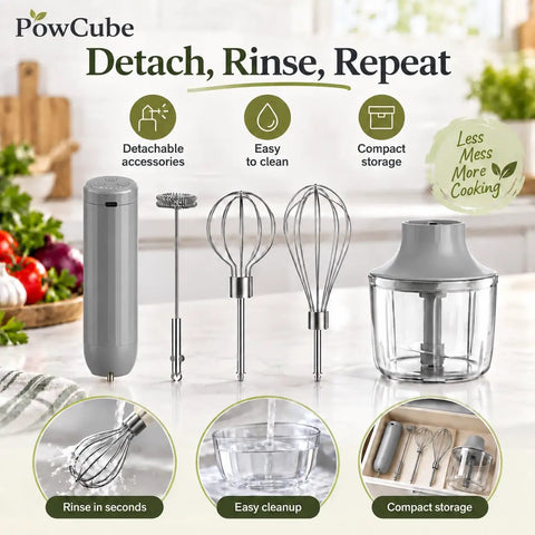 No-Fuss Cordless Hand Mixer, Kickass 4-In-1 Electric Kitchen Whip with detachable whisk and chopper on a kitchen countertop.