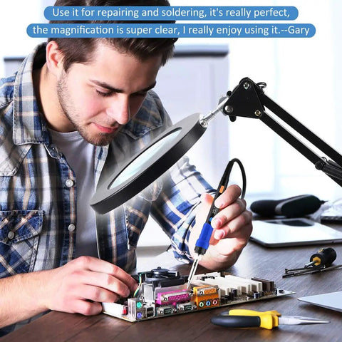 Person using 2 In 1 Magnifying Glass With Light And Stand, 5X Real Glass Lens, 64 LED for repair work at a desk.