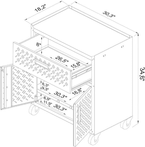 Diagram of Fortress 31.5 Inch Garage Mobile Cabinet In Textured Metal With Full Extension Drawer and adjustable shelves, dimensions shown