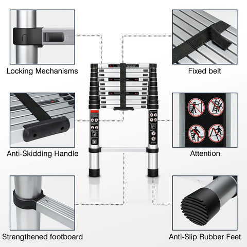 No Fuss Collapsible Aluminum Telescoping Ladder 10.5 Ft With Locking System featuring locking mechanism and anti-slip feet