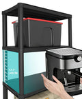 Rock Solid Plastic Storage Shelves 4 Tier Heavy Duty Shelving Unit With 264 LB Capacity Bulk Up Your Home Organization And Kick Clutter To The Curb For Every Room holding a grey storage bin and espresso machine.