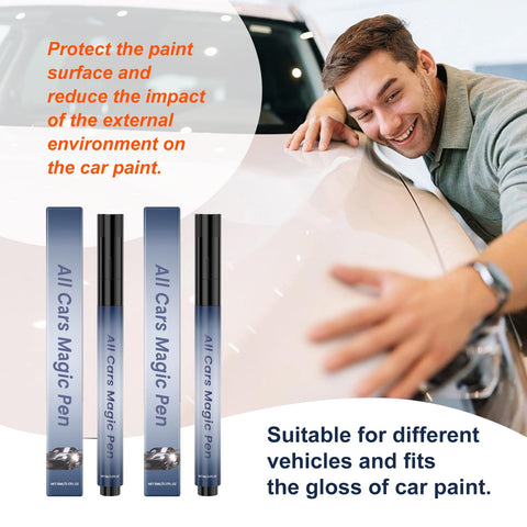 Scratch Removal Pen 2 Pack, Quick Fix For Scratches And Paint Damage, Weatherproof Car Scratch Repair Pen next to smiling man touching car