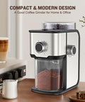 Ayhiro Stainless Steel Flat Burr Coffee Grinder With 14 Precision Settings For Espresso French Press And Drip Coffee Makes 2-12 Cups Electric Bean Mill Kitchen Essential on countertop.