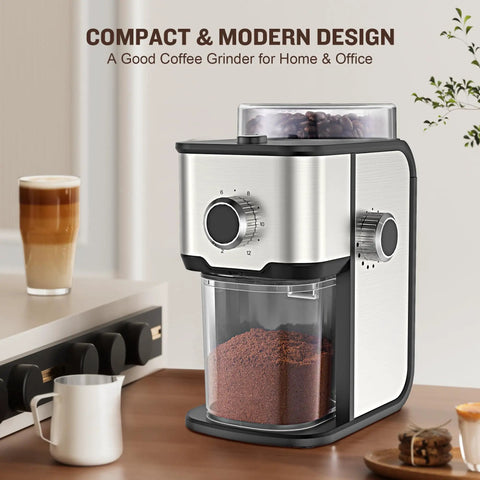Ayhiro Stainless Steel Flat Burr Coffee Grinder With 14 Precision Settings For Espresso French Press And Drip Coffee Makes 2-12 Cups Electric Bean Mill Kitchen Essential on countertop.