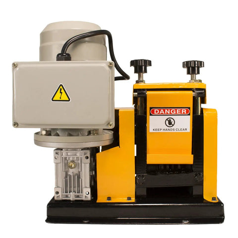 Front view of WRA20 Wire Stripping Machine Pro Grade Benchtop Auto Driven with safety warning sign visible