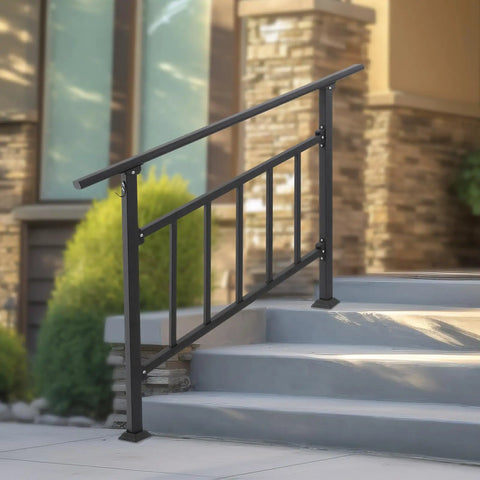 Hella Durable 4 Step Steel Stair Railing With Side Fence Panel Rust Resistant Indoor Outdoor Handrail on outdoor steps.