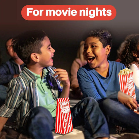Children enjoying movie night with Flat Bottom Popcorn Bags 50 Pack With Individual Servings For Movie Night, Parties, Carnivals, And Halloween.