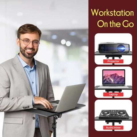 Man using adjustable tripod laptop and projector stand 28 to 50 inches in an office setting for DJ equipment