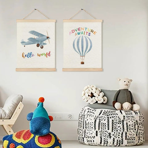 Epic Hot Air Balloon And Airplane Nursery Decor Set Of 2 Posters For Boys Room 12x16 Inch Baby Boy Wall Art With Built In Wooden Hanger Frame