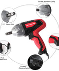 Beefy Electric Impact Wrench Half Inch Drive 12 Volt Cordless Tool With 400 Nm Max Torque, aluminum casing and LED light details.