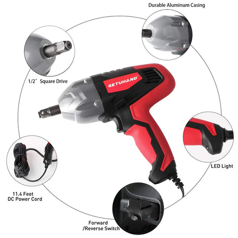 Beefy Electric Impact Wrench Half Inch Drive 12 Volt Cordless Tool With 400 Nm Max Torque, aluminum casing and LED light details.