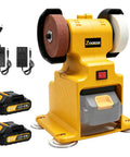 Heavy Duty Mini Bench Grinder Equipped With Dual Corundum Wheels For Metalworking Polishing And Rust Removal with yellow casing and dual wheels