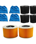 Premium HePa Filter And Textile Dust Bag 6 Pack For Vacuum Cleaners includes 4 blue textile bags and 2 orange HEPA filters.