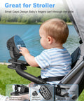 Clip On Portable Fan For Strollers And Cars With USB C Rechargeable 5200 mAh Battery shown with baby in stroller