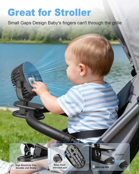 Clip On Portable Fan For Strollers And Cars With USB C Rechargeable 5200 mAh Battery shown with baby in stroller