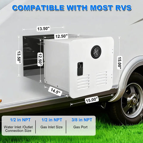 Dimensions of Road Ready 55000 BTU Propane Tankless Water Heater For Camper, 13.5"x12.5"x15" for easy installation.